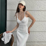LuxeWaves™ Women’s Slim-Fit Shoulder Strap Midi Dress – Elegant Summer Bodycon Look