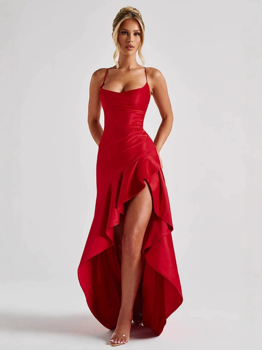 LuxeWaves™ | Noir Élan Backless Satin Maxi Dress