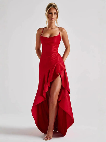 LuxeWaves™ | Noir Élan Backless Satin Maxi Dress