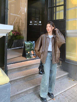  Korean Style Loose Leather Jacket