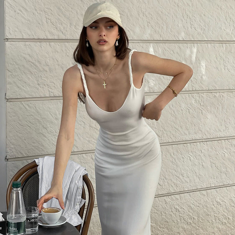 LuxeWaves™ Women’s Slim-Fit Shoulder Strap Midi Dress – Elegant Summer Bodycon Look