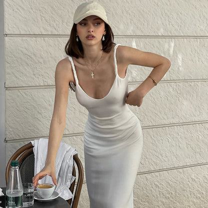 LuxeWaves™ Women’s Slim-Fit Shoulder Strap Midi Dress – Elegant Summer Bodycon Look