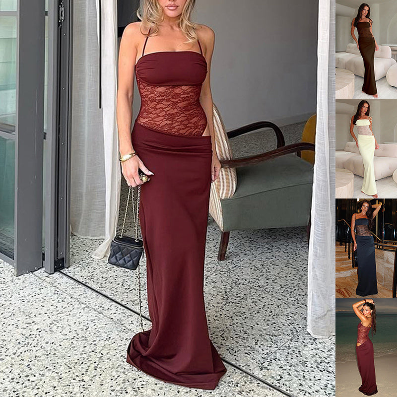 LuxeWaves™ Y2K Lace Suspender Maxi Dress – Sexy Backless Party & Evening Gown