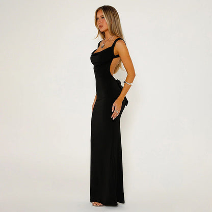 LuxeWaves™ Women’s Slim Sheath Maxi Dress – Backless Bow Evening Gown